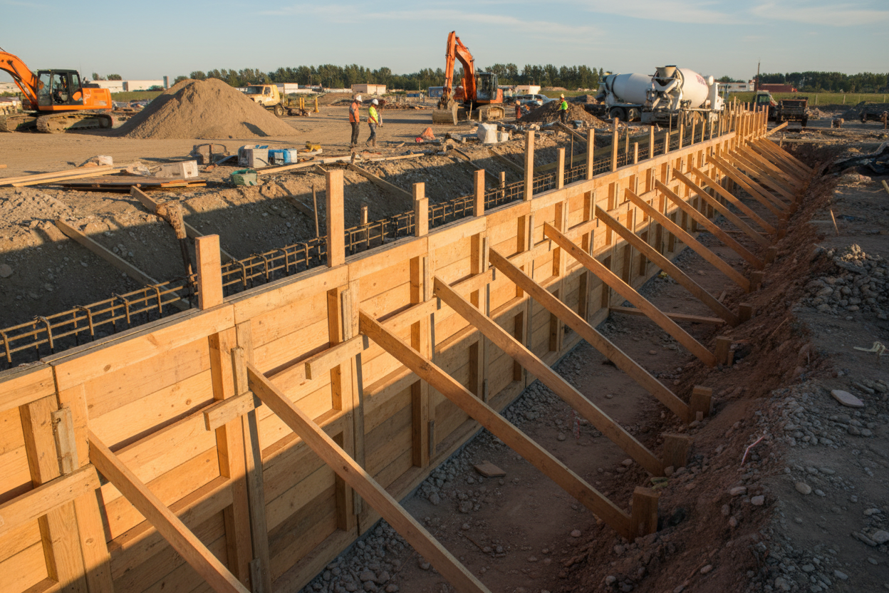 concrete retaining wall framed with wood ready to pour